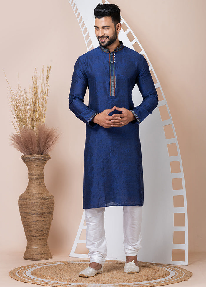 Navy Blue Silk Full Sleeves Mandarin Collar Kurta And Pajama Set