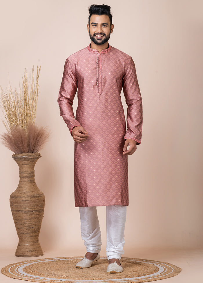 Dark Peach Silk Full Sleeves Mandarin Collar Kurta And Pajama Set