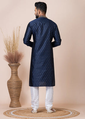 Navy Blue Silk Full Sleeves Mandarin Collar Kurta And Pajama Set