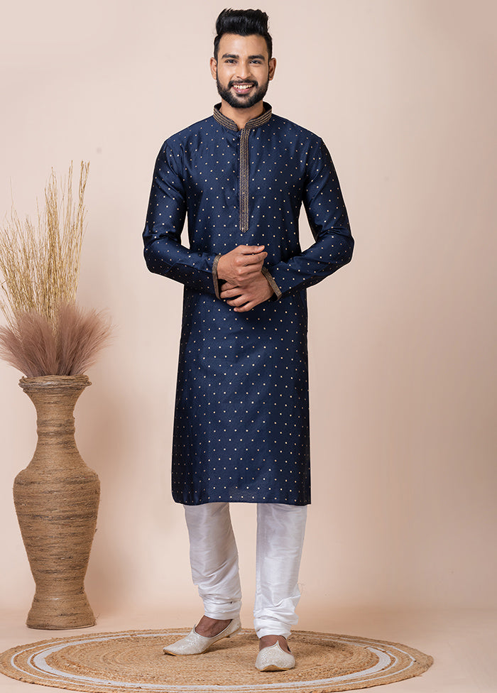 Navy Blue Silk Full Sleeves Mandarin Collar Kurta And Pajama Set