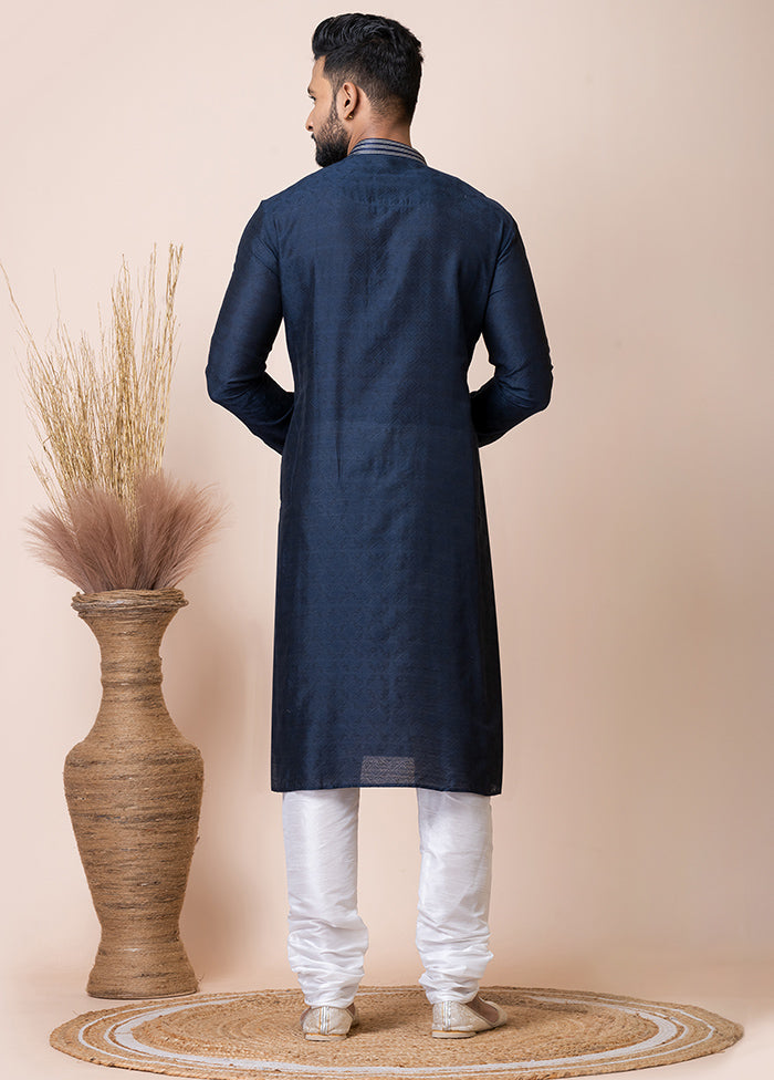 Navy Blue Silk Full Sleeves Mandarin Collar Kurta And Pajama Set