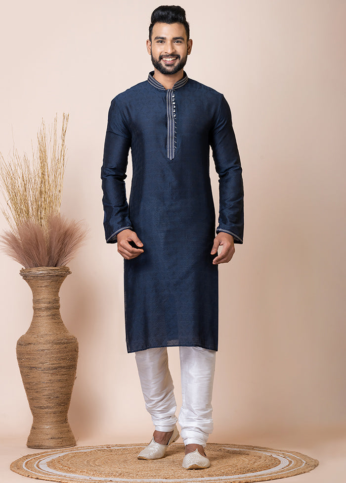 Navy Blue Silk Full Sleeves Mandarin Collar Kurta And Pajama Set