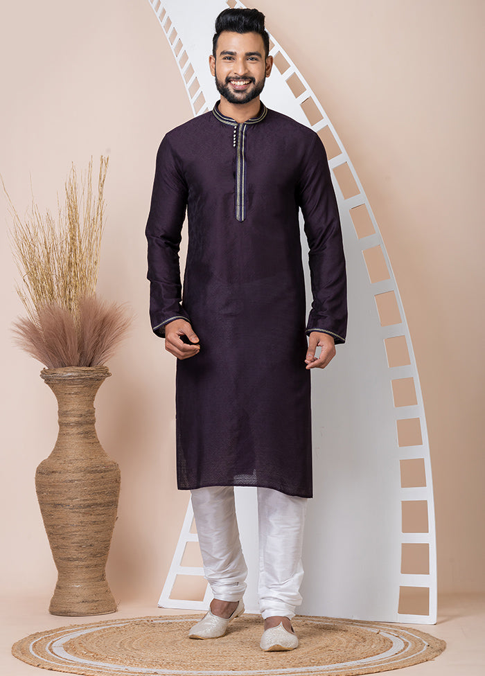 Violet Silk Full Sleeves Mandarin Collar Kurta And Pajama Set