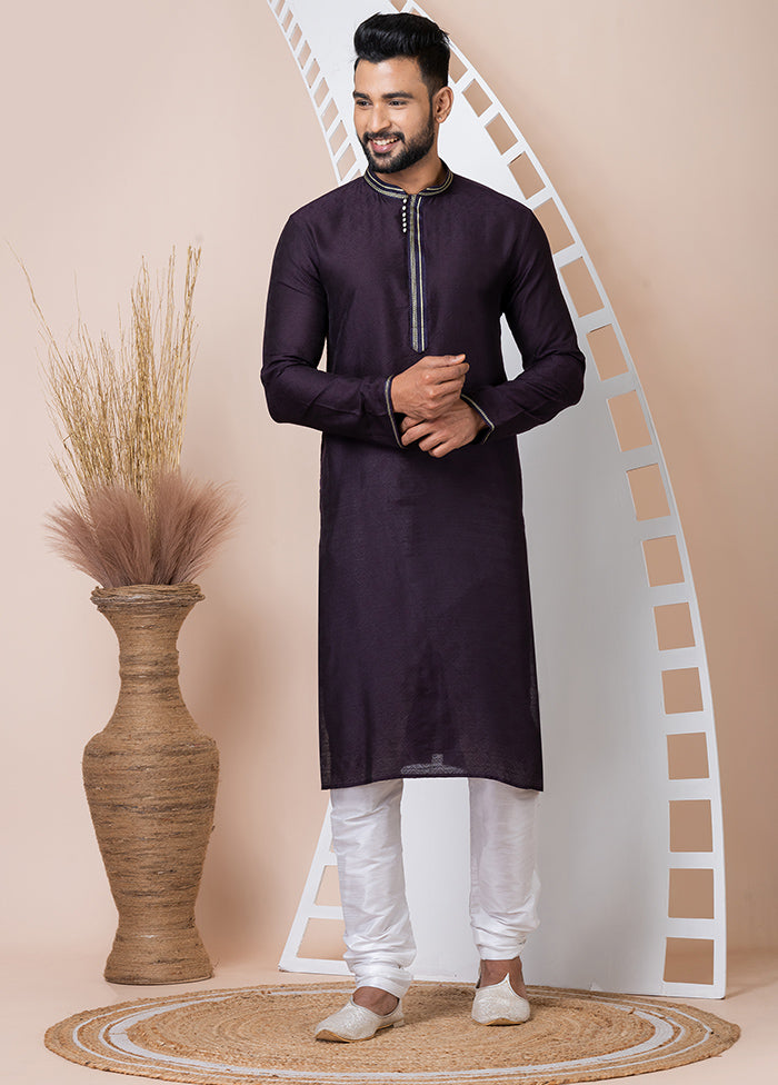 Violet Silk Full Sleeves Mandarin Collar Kurta And Pajama Set