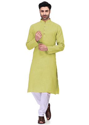 Yellow Green Cotton Kurta And Pajama Set