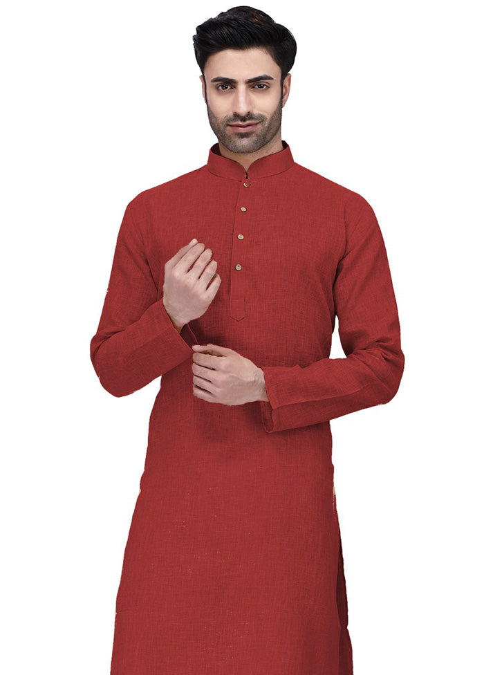 Dark Red Cotton Kurta And Pajama Set