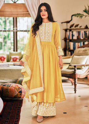 3 Pc Yellow Semi Stitched Georgette Suit Set