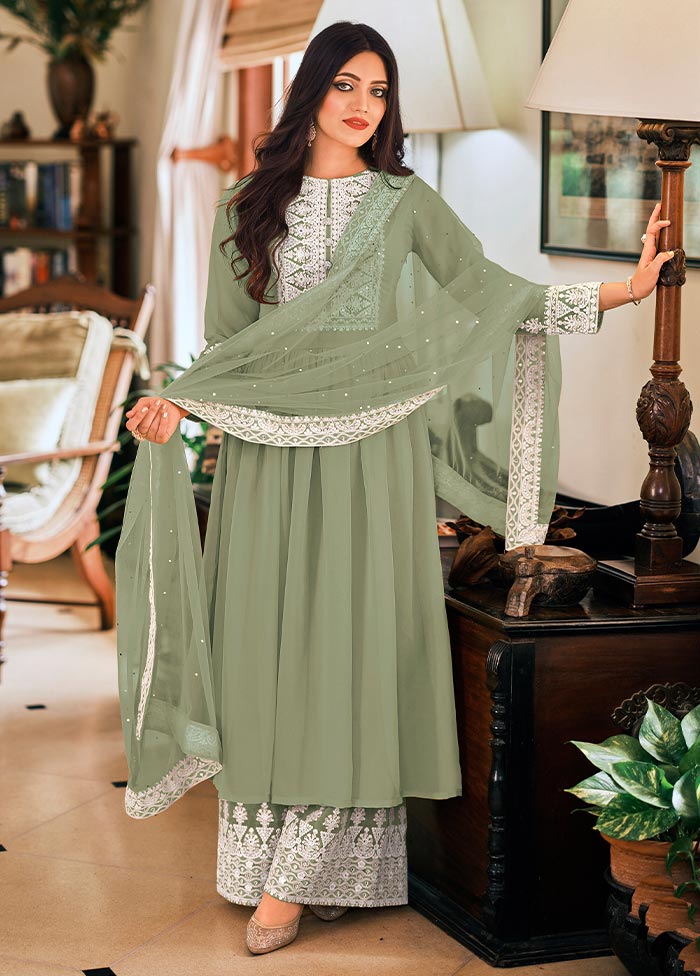 3 Pc Pista Green Semi Stitched Georgette Suit Set