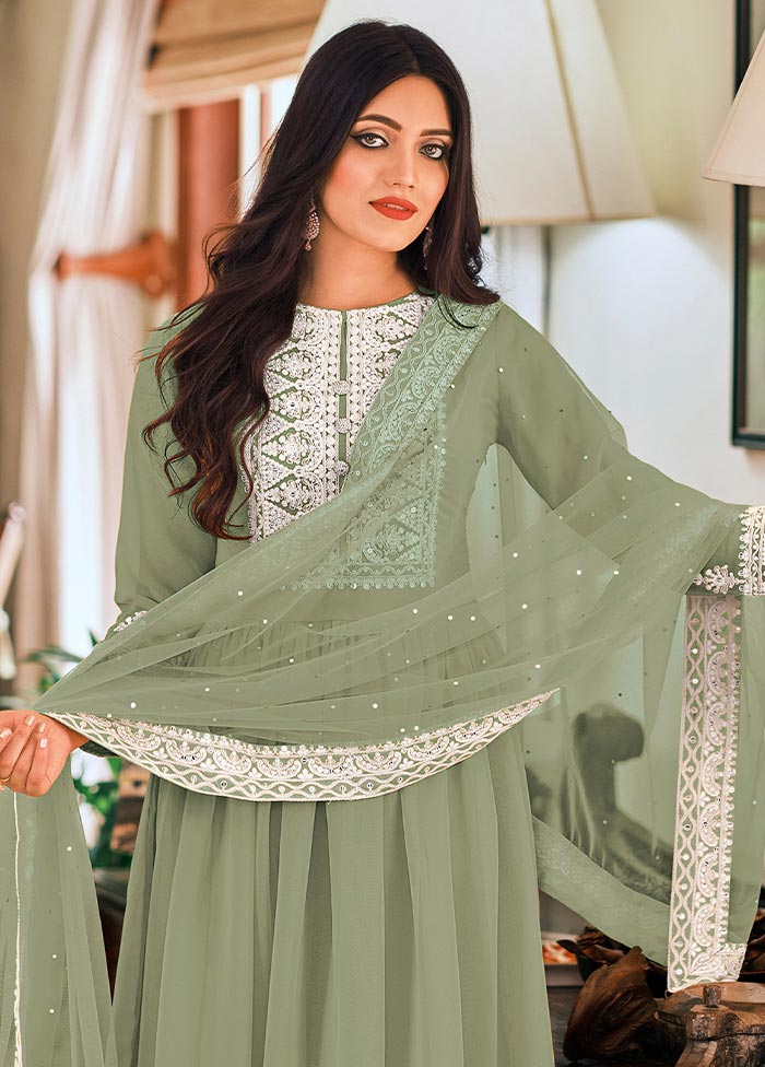 3 Pc Pista Green Semi Stitched Georgette Suit Set