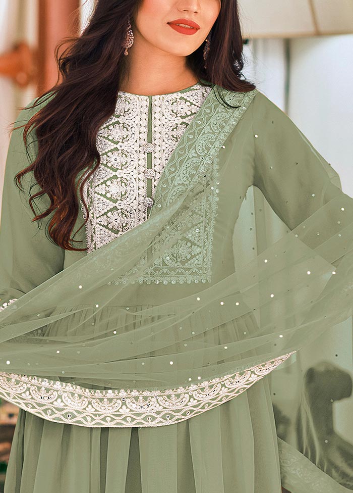 3 Pc Pista Green Semi Stitched Georgette Suit Set