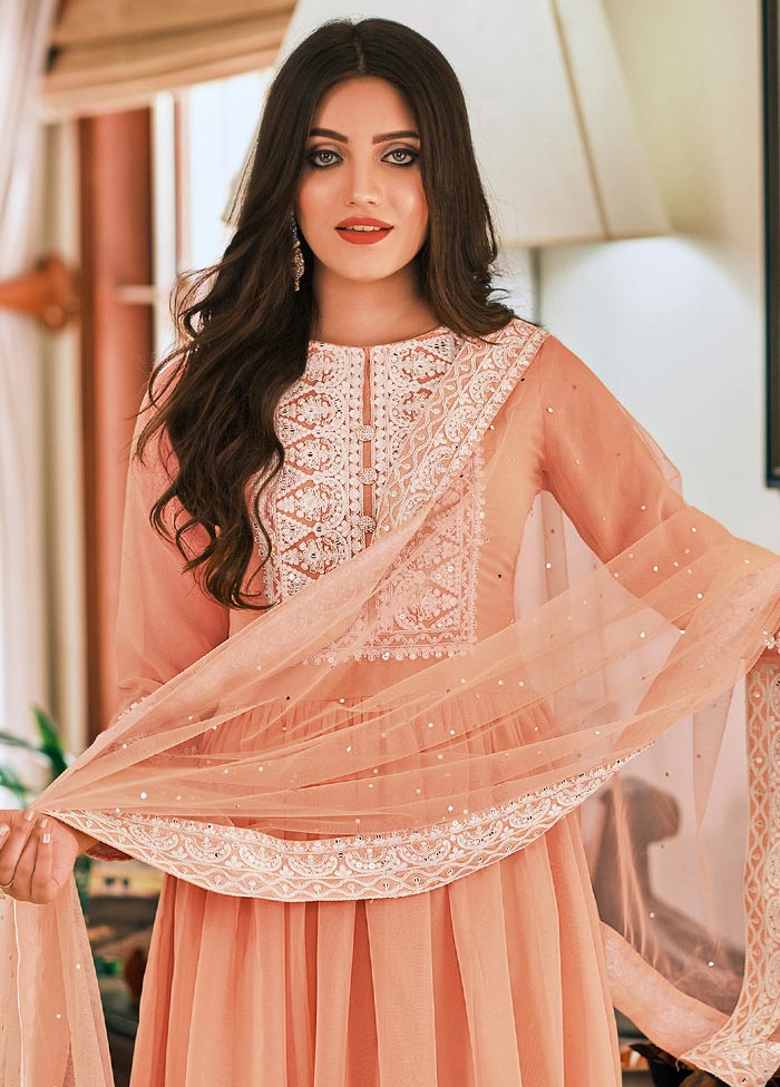 3 Pc Peach Semi Stitched Georgette Suit Set