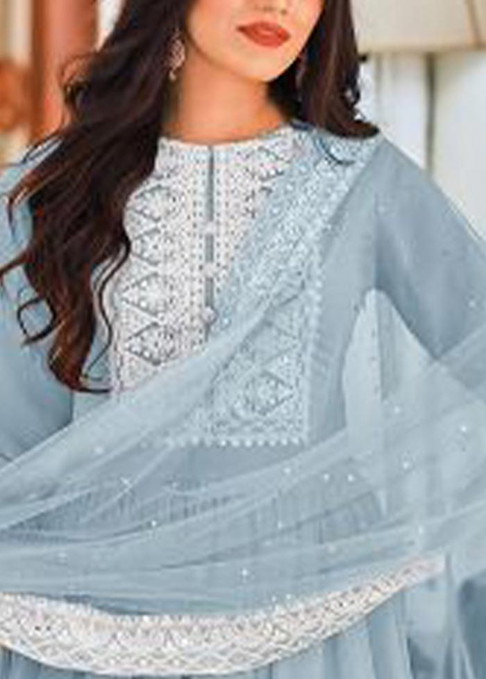 3 Pc Sky Blue Semi Stitched Georgette Suit Set