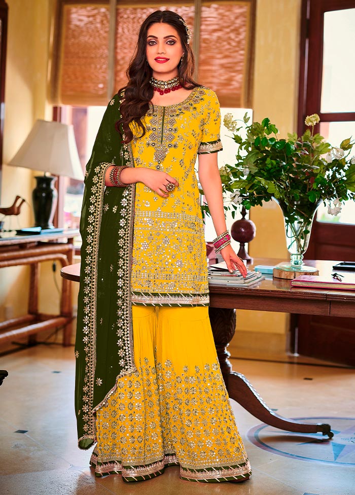 3 Pc Yellow Semi Stitched Georgette Suit Set