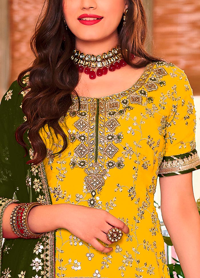 3 Pc Yellow Semi Stitched Georgette Suit Set