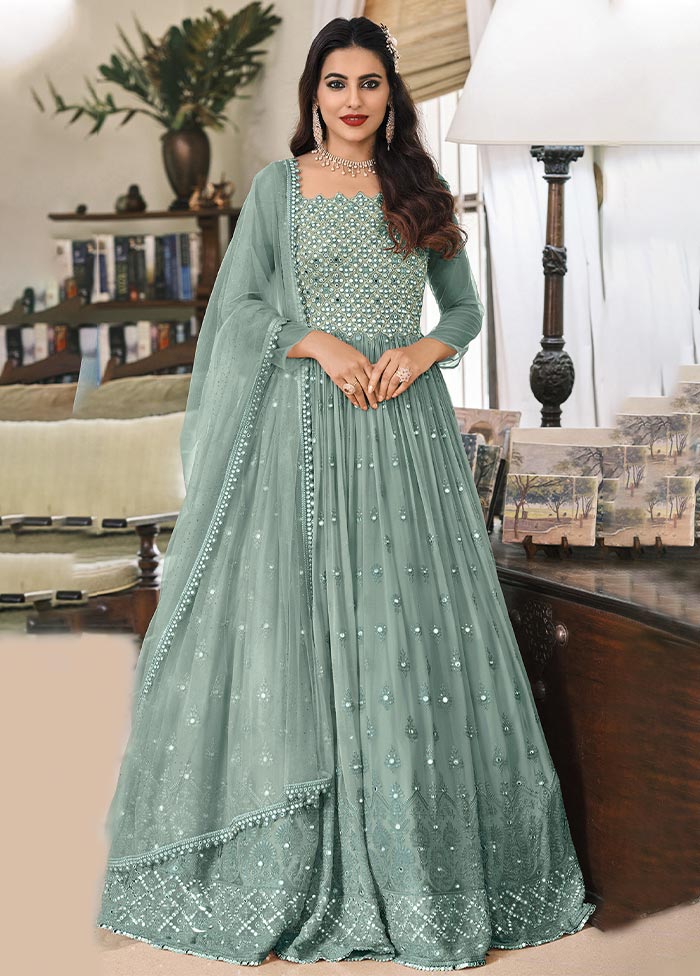 3 Pc Sea Green Semi Stitched Georgette Suit Set