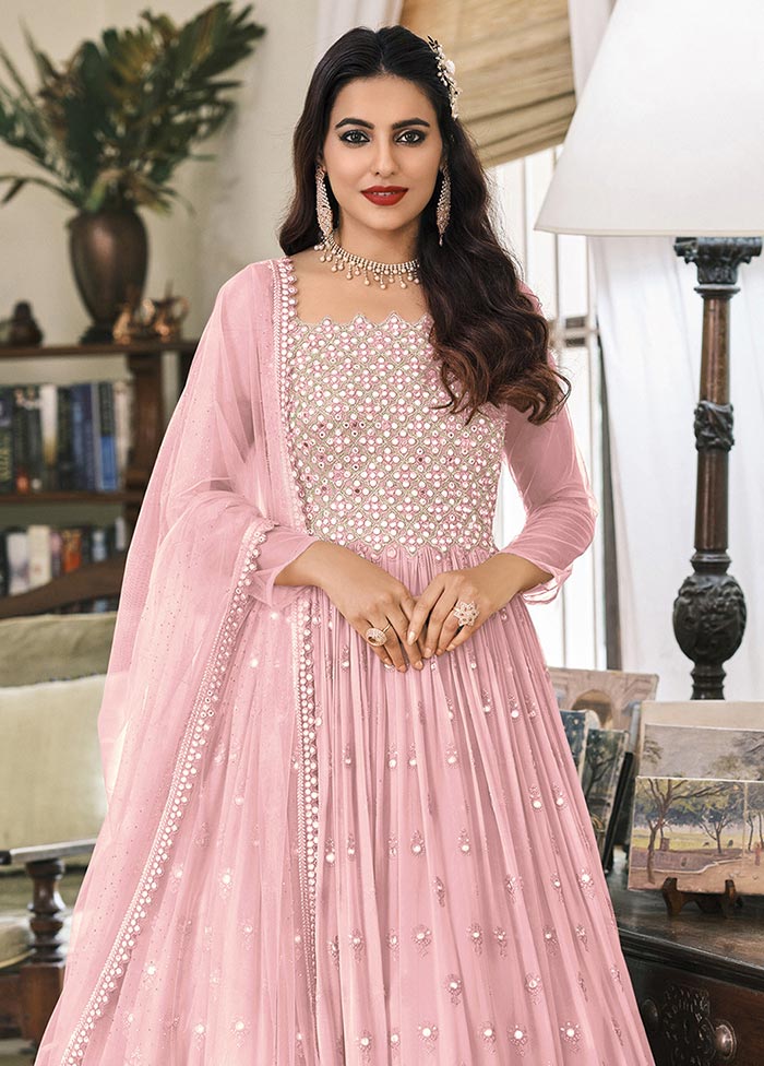 3 Pc Light Pink Semi Stitched Georgette Suit Set