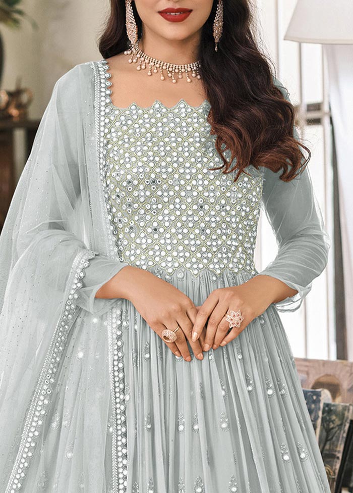 3 Pc Grey Semi Stitched Georgette Suit Set