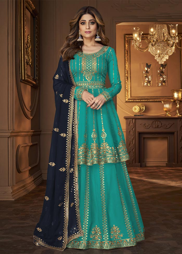 3 Pc Blue Semi Stitched Georgette Suit Set