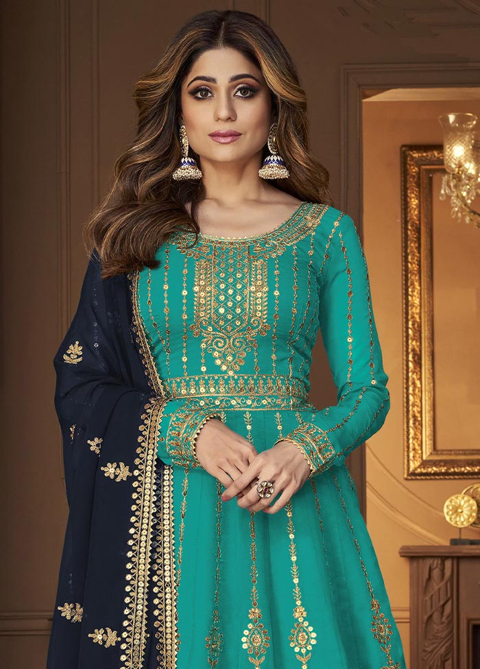 3 Pc Blue Semi Stitched Georgette Suit Set