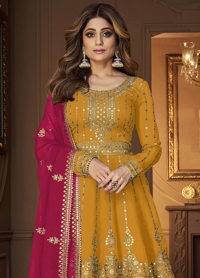 3 Pc Mustard Semi Stitched Georgette Suit Set