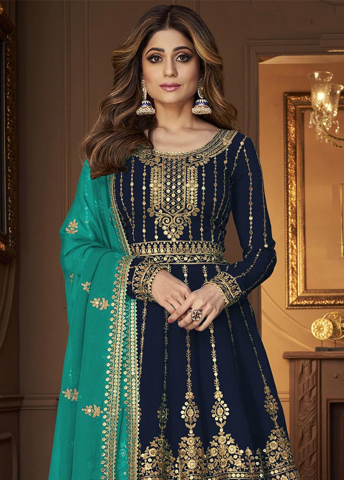 3 Pc Navy Blue Semi Stitched Georgette Suit Set