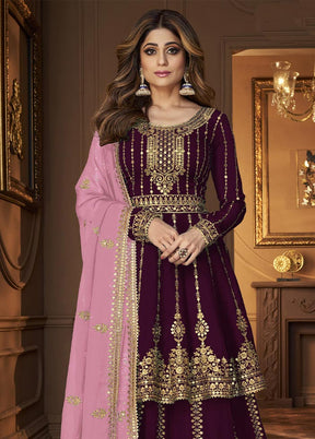 3 Pc Wine Semi Stitched Georgette Suit Set