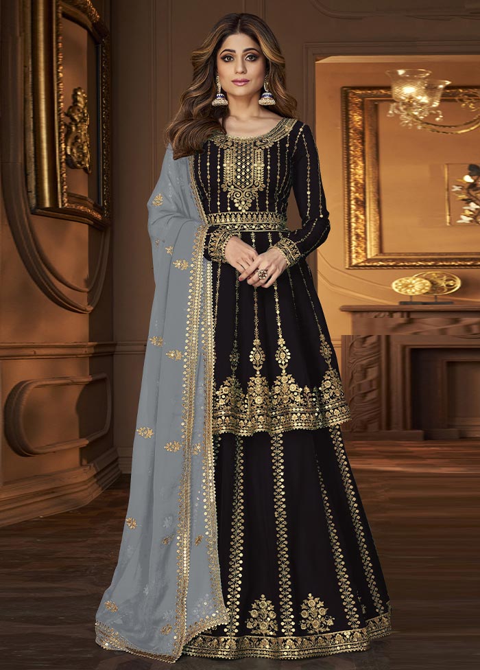 3 Pc Black Semi Stitched Georgette Suit Set