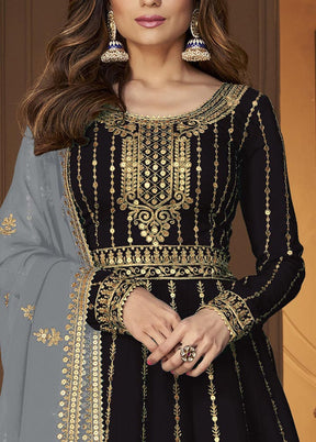 3 Pc Black Semi Stitched Georgette Suit Set