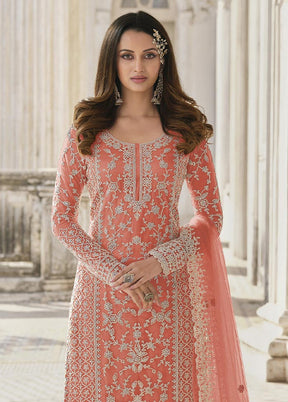 3 Pc Peach Semi Stitched Net Suit Set