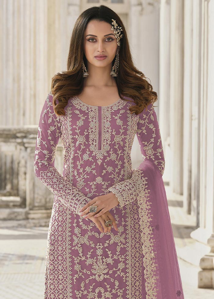 3 Pc Light Pink Semi Stitched Net Suit Set