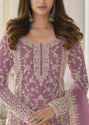 3 Pc Light Pink Semi Stitched Net Suit Set