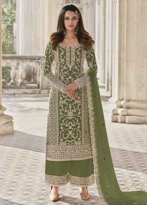 3 Pc Green Semi Stitched Net Suit Set