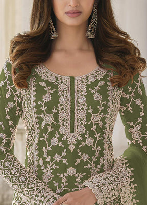 3 Pc Green Semi Stitched Net Suit Set