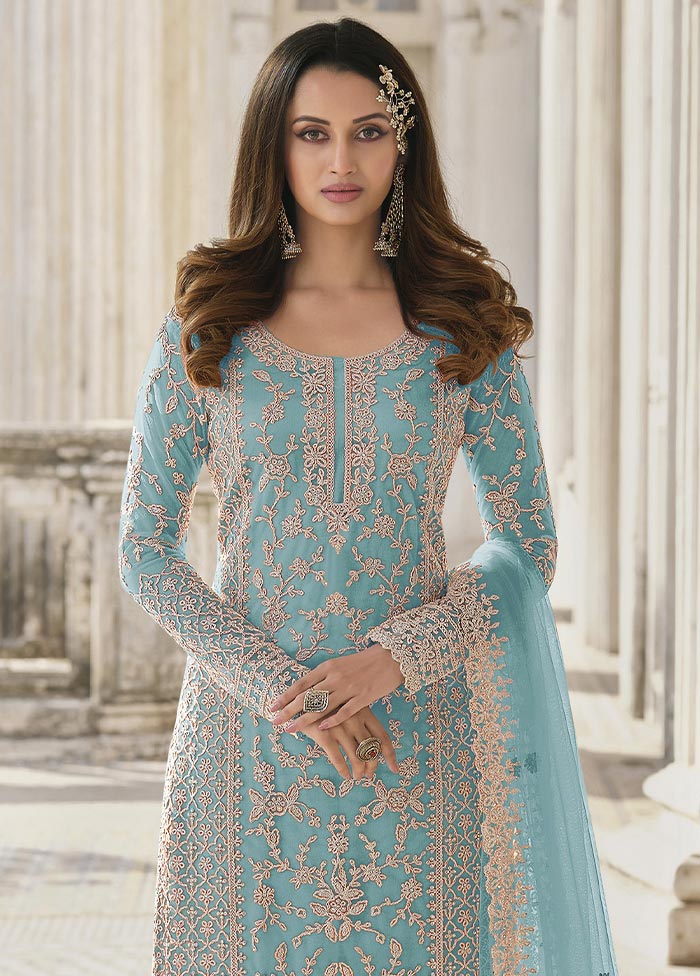 3 Pc Sky Blue Semi Stitched Net Suit Set