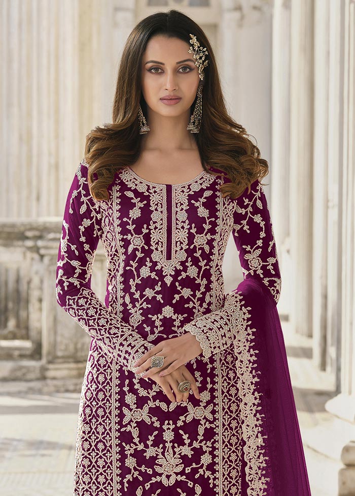 3 Pc Purple Semi Stitched Net Suit Set