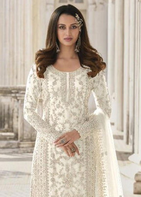 3 Pc White Semi Stitched Net Suit Set