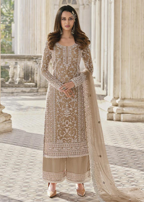 3 Pc Light Brown Semi Stitched Net Suit Set