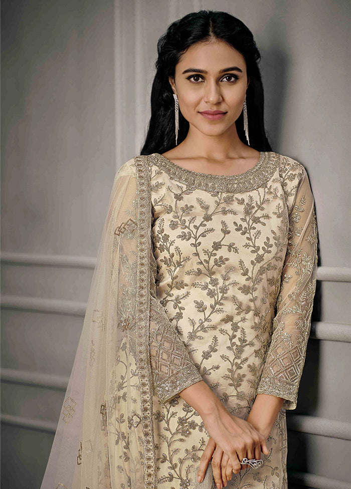 3 Pc Cream Semi Stitched Net Suit Set