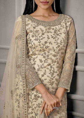 3 Pc Cream Semi Stitched Net Suit Set