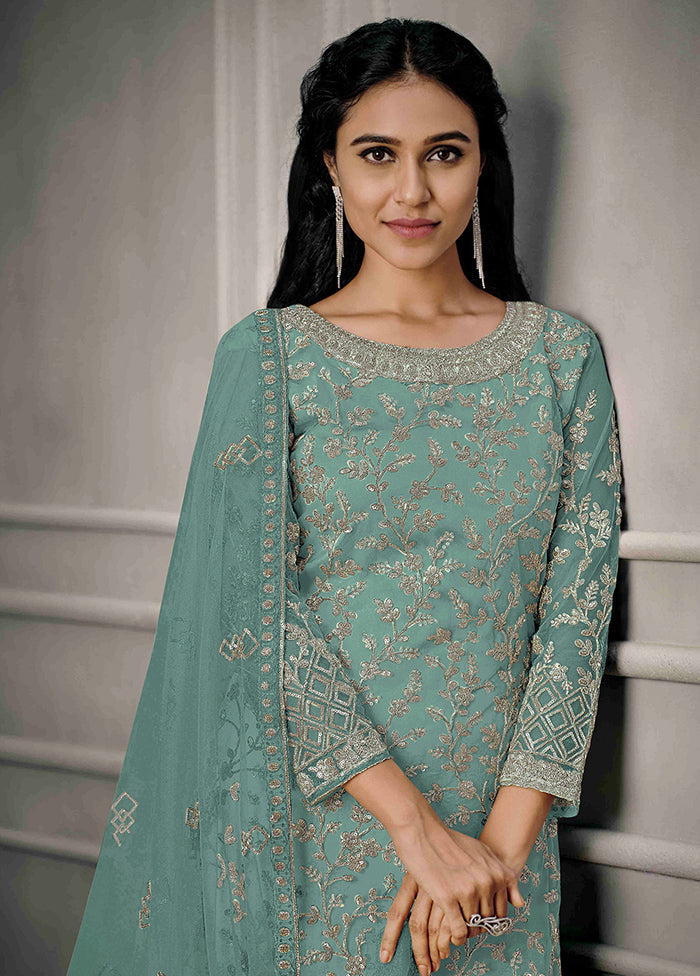 3 Pc Sea Green Semi Stitched Net Suit Set