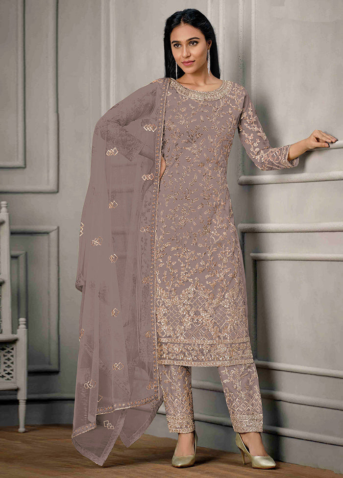 3 Pc Mauve Semi Stitched Net Suit Set