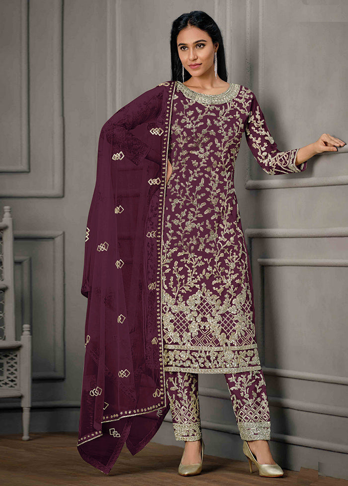 3 Pc Purple Semi Stitched Net Suit Set