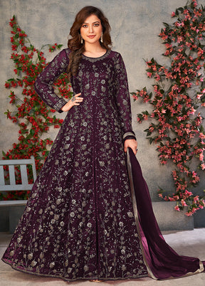 3 Pc Wine Semi Stitched Net Suit Set