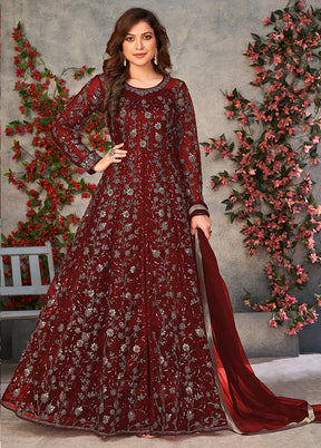 3 Pc Maroon Semi Stitched Net Suit Set