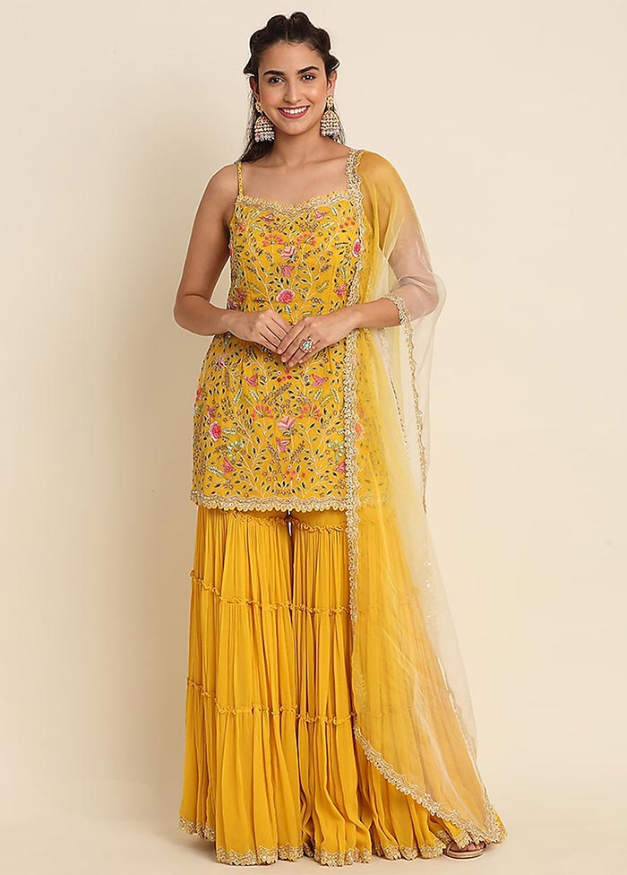 3 Pc Yellow Semi Stitched Georgette Suit Set