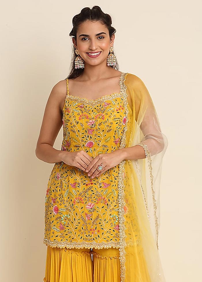 3 Pc Yellow Semi Stitched Georgette Suit Set