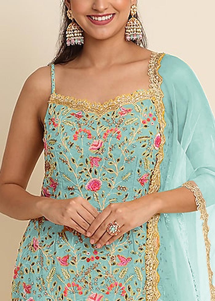 3 Pc Sky Blue Semi Stitched Georgette Suit Set