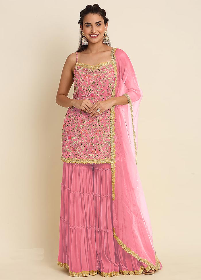 3 Pc Pink Semi Stitched Georgette Suit Set