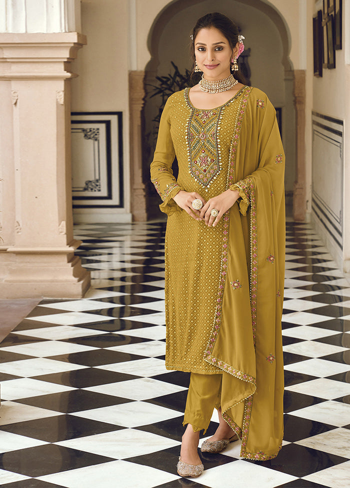 3 Pc Yellow Semi Stitched Georgette Suit Set