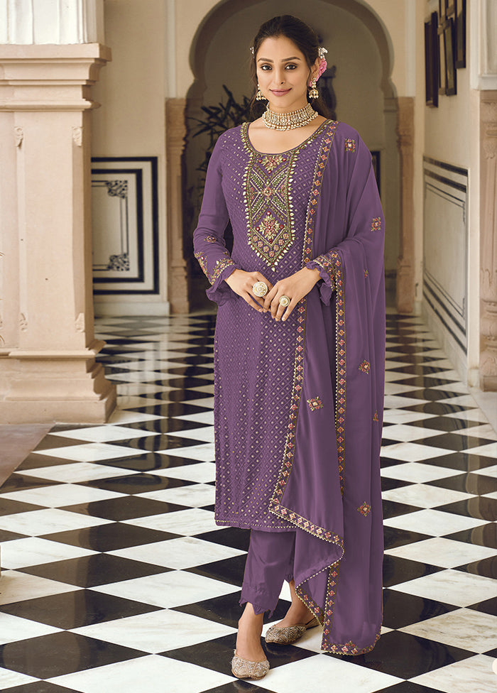 3 Pc Purple Semi Stitched Georgette Suit Set